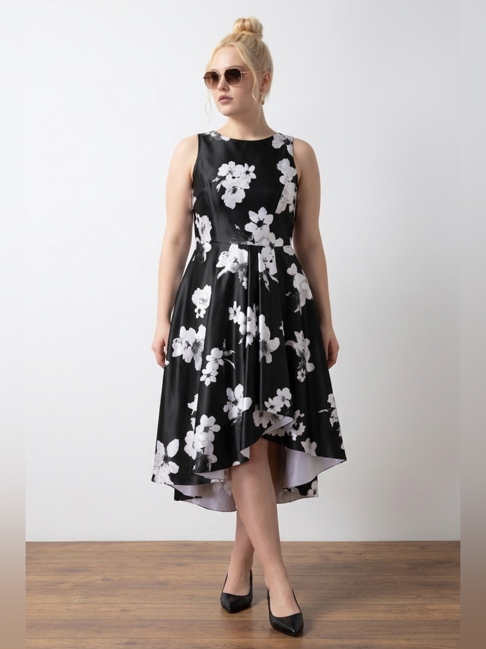 Elegant Black & Lilac Floral Fit & Flare Dress |Wedding Guest • Cocktail